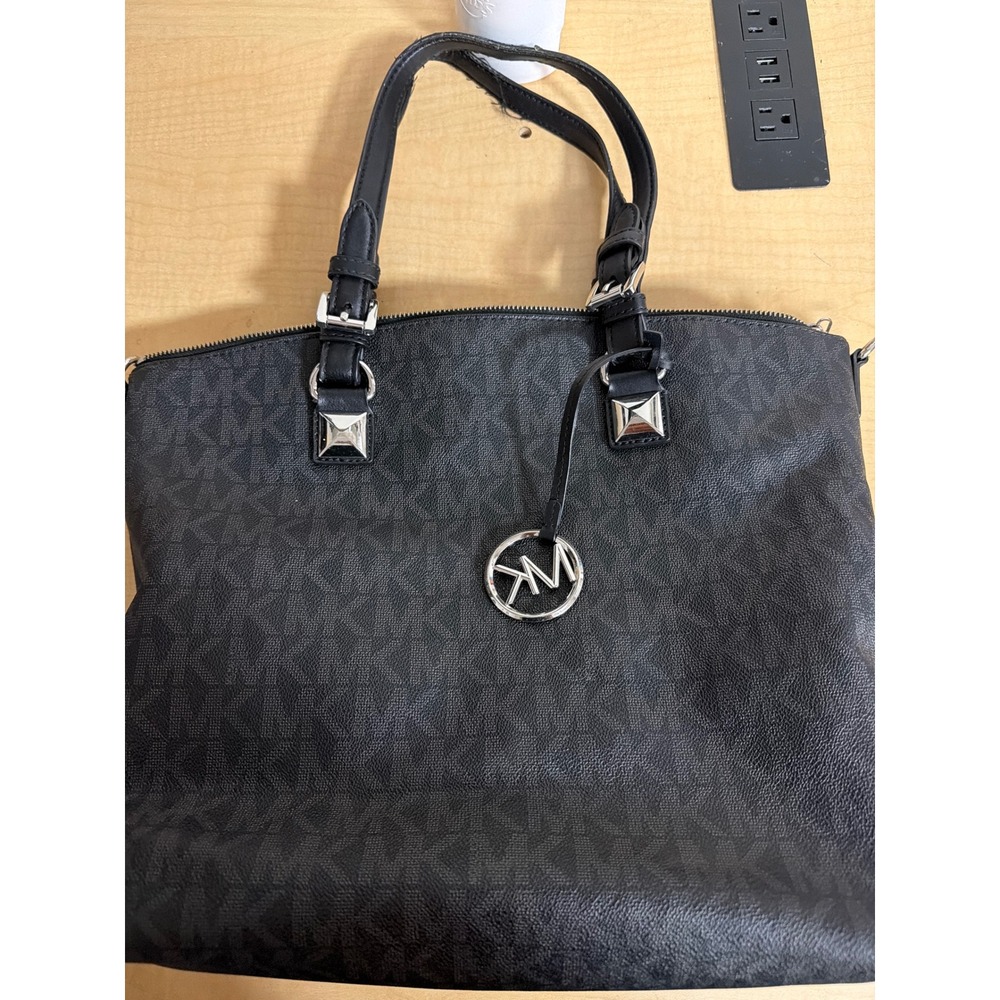 Michael Kors Black Monogram Signature Tote Bag Silver Hardware Studded Shoulder